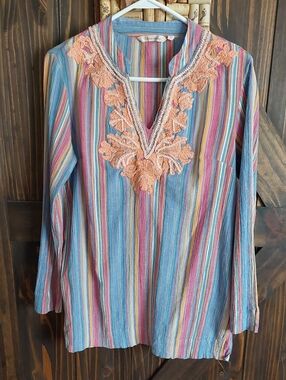 Soft Surroundings Multicolor Striped Tunic with Peach Embroidery